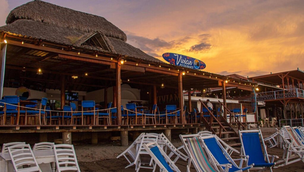 Restaurante Vivian on the beach, San Juan del Sur with deck chairs out front