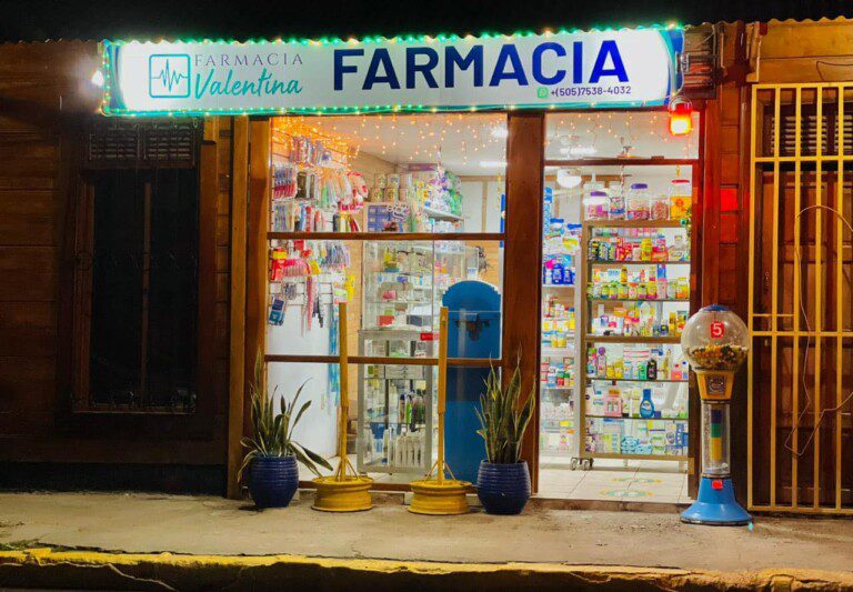 Farmacia Valentina #3 storefront in Barrio Carlos Holmann, San Juan del Sur, Nicaragua, offering comprehensive pharmaceutical services