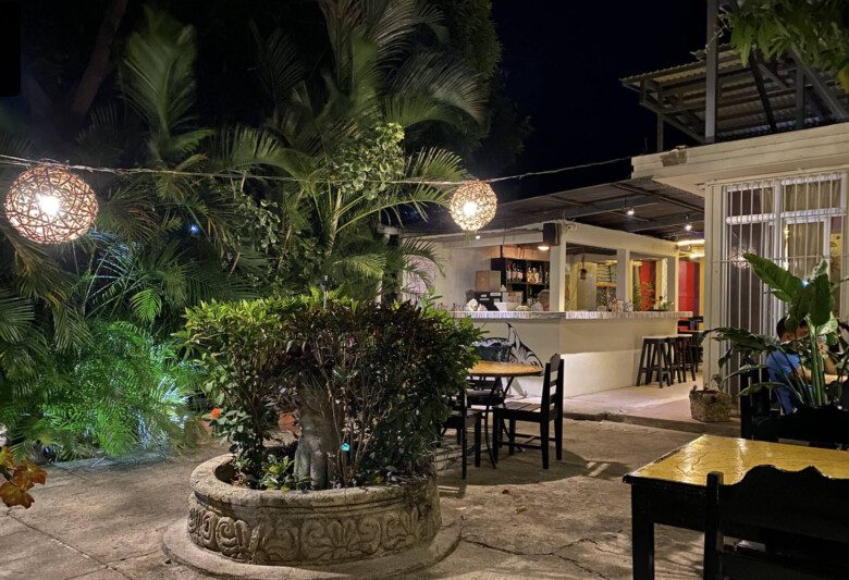 Night view of Maggys Steakhouse for a perfectly grilled steak served at Maggy's Steakhouse in San Juan del Sur, Nicaragua