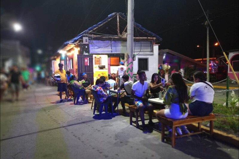 Galaxy Food's storefront at Plaza del Arte in San Juan del Sur, showcasing its vibrant signage and welcoming entrance.