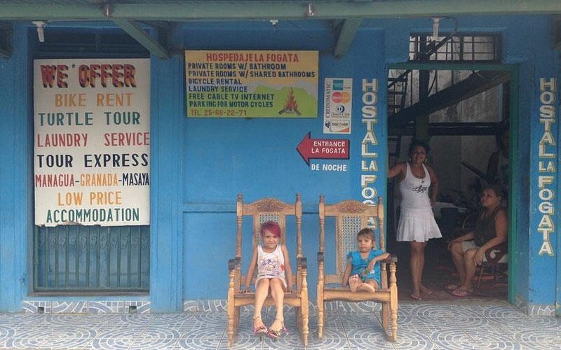 Exterior view of Hostal La Fogata near the municipal market in San Juan del Sur, Nicaragua