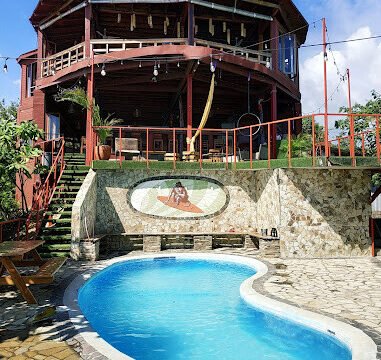 Aerial view of Magnific Rock resort perched on a cliff overlooking the Pacific Ocean in Popoyo, Nicaragua