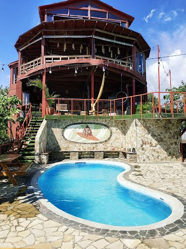 Aerial view of Magnific Rock resort perched on a cliff overlooking the Pacific Ocean in Popoyo, Nicaragua