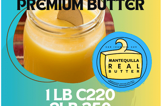 Jar of creamy yellow premium butter with a wooden spoon and a “Real Mantequilla” label, showing prices for 1 lb and 2 lb in San Juan del Sur