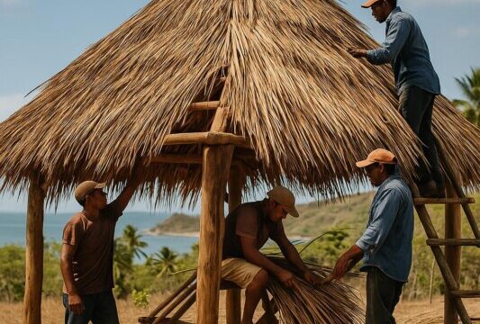 Palm Roofer Nicaragua team constructing a traditional palm roof in Escamequita with rancho builders León