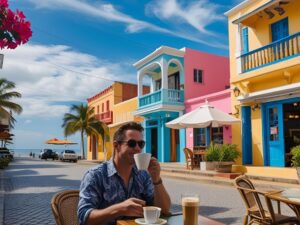 Retired man enjoying coffee on a street in San Juan del Sur while retiring in Nicaragua
