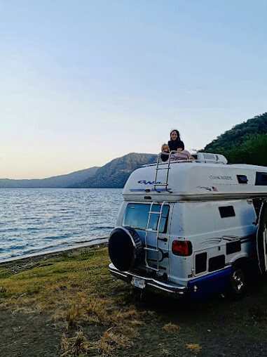 Chunky Charlie Dodge Ram camper van parked in a scenic Nicaraguan camping spot