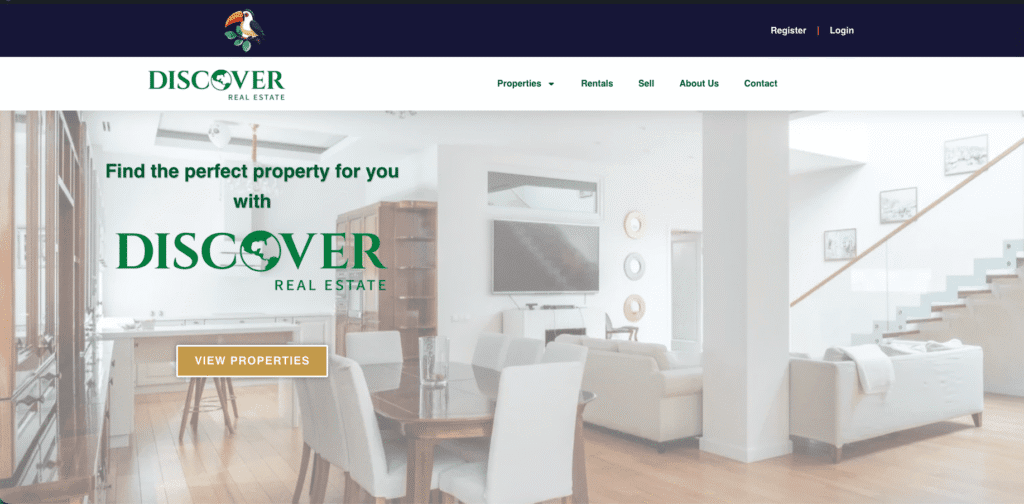 Página Destacada de Discover Real Estate en NicaSeeker: imagen de la página de inicio del sitio web.