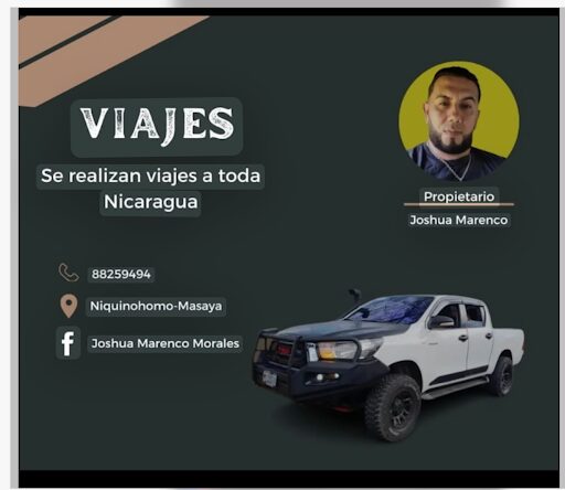 Conductor profesional Joshua Marenco Morales ofreciendo servicios de transporte en Niquinohomo, Masaya