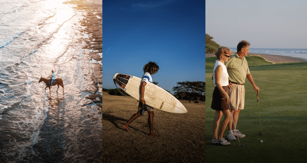 Image showing horse riding in the ocean, a surfer and an older couple playing golf