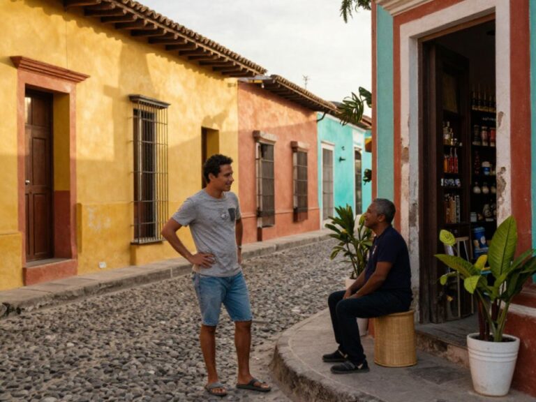 Foreign resident living in Nicaragua as an expat, talking with a local shop owner on a Granada street