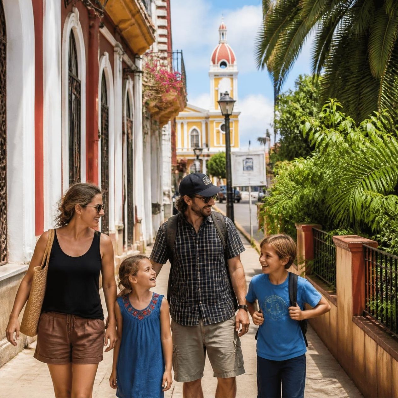 A happy expat family walking together on a quiet street in a Nicaraguan town, with tropical greenery and colonial-style houses in the background. Family Life in Nicaragua for expat families relocating with children